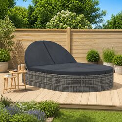 2-Person Outdoor Sun Lounger Poly Rattan Daybed with Adjustable Ends Grey