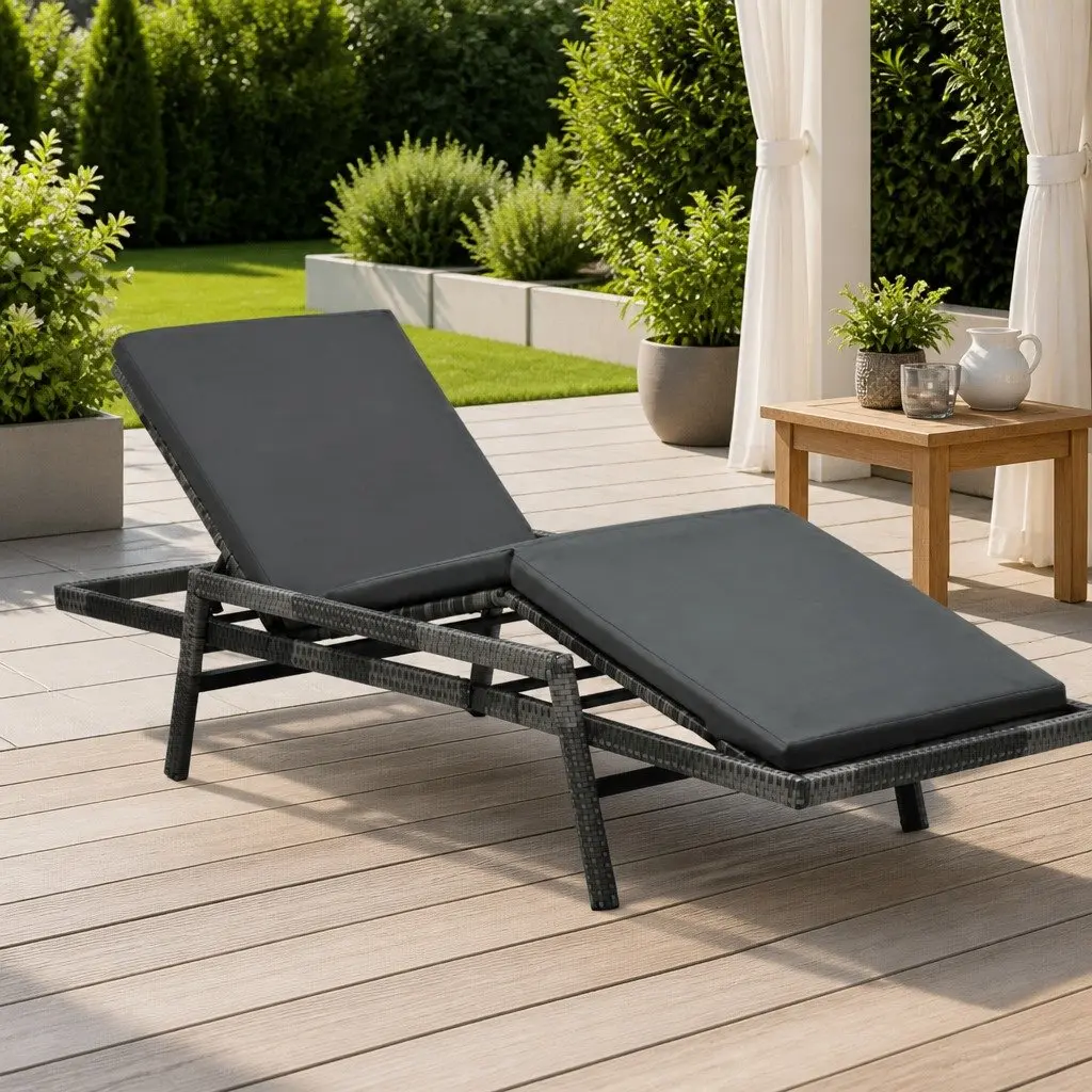 Sun Lounger Outdoor Garden Patio Reclining Lounge Chair Grey Poly Rattan