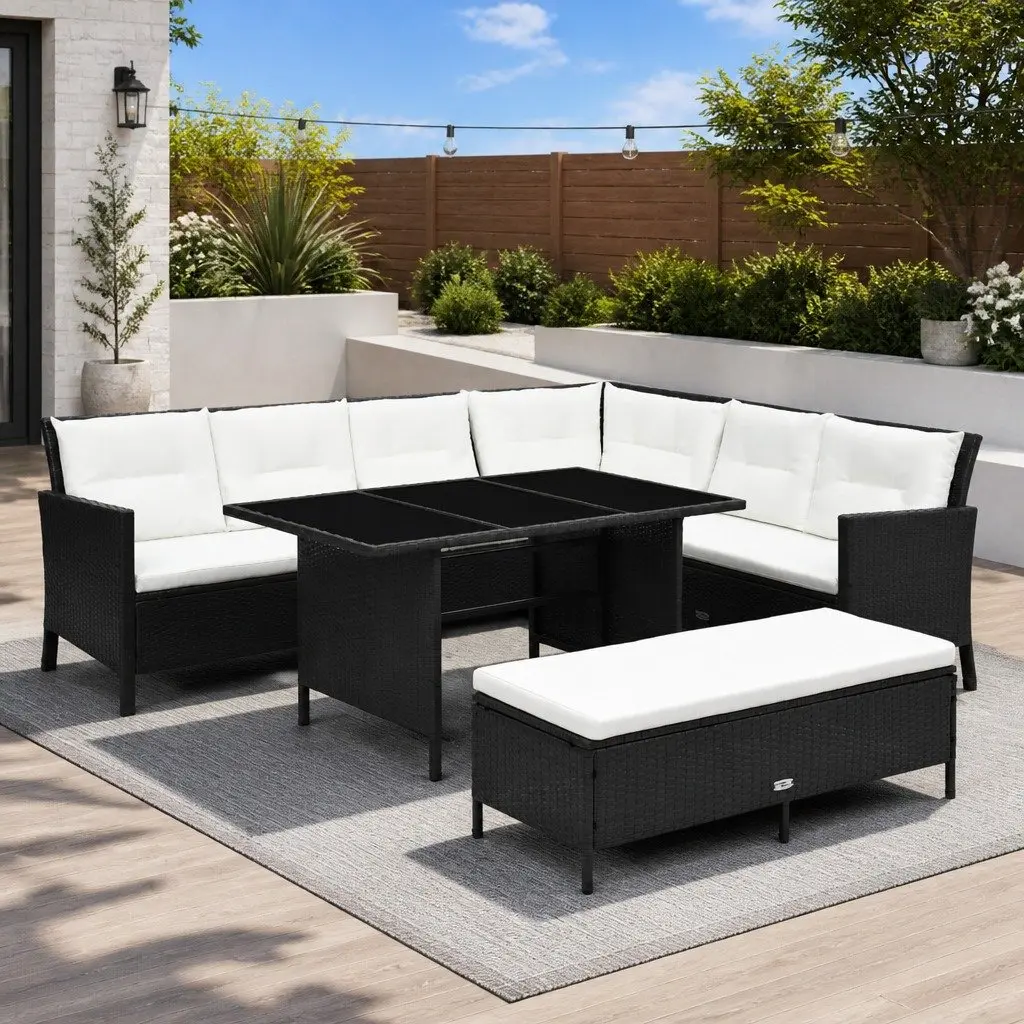 Outdoor Lounge Set Black 3 Piece Weather Resistant PE Rattan Sofa Bench Table