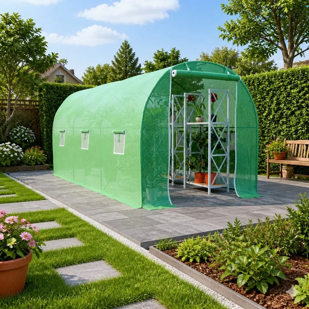 Greenhouse Green 4.5x2x2 m 9 m² PE Mesh Fabric Galvanised Steel Frame Ventilation Windows Single Door