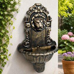 Compact Brown Wall Fountain with Lion Head Feature