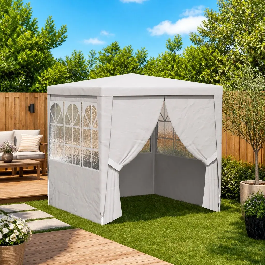 Party Tent White 2x2m Outdoor Canopy Gazebo with Side Walls Door Windows