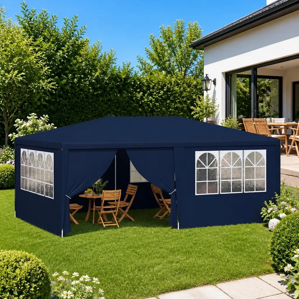 Party Tent Blue 4x6m Outdoor Canopy Gazebo with Side Walls and Decorative Windows