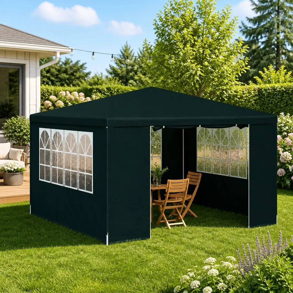 Outdoor Canopy Gazebo Green 4x4m with Side Walls Windows Door Panel Easy Assembly Rust Resistant Frame