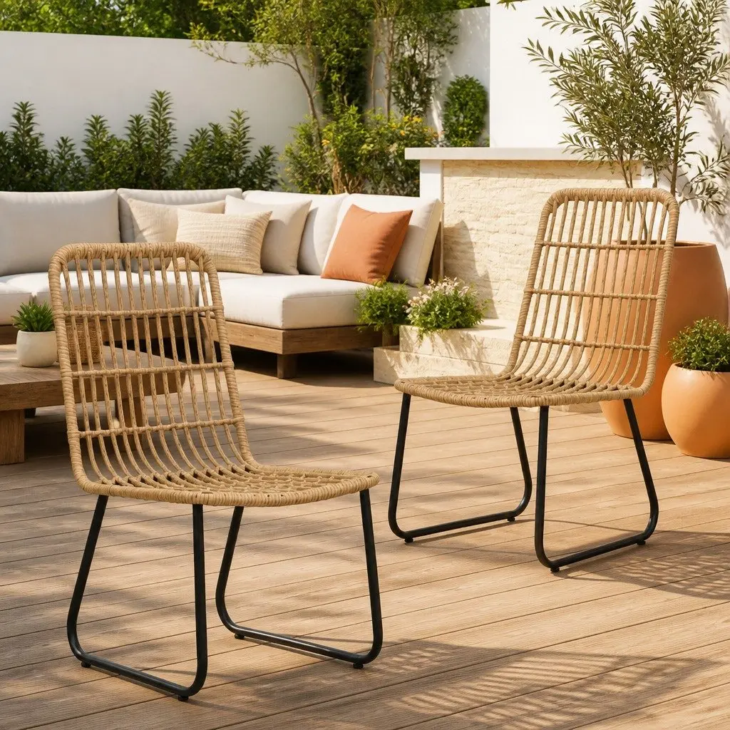 Outdoor Chairs Brown 2 Piece Curved Backrest Weather Resistant PE Rattan