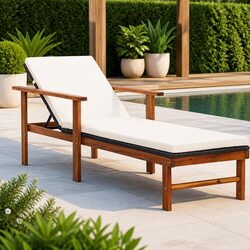 Sun Lounger with Cushion PE Rattan Acacia Wood Frame Outdoor Patio Garden Black