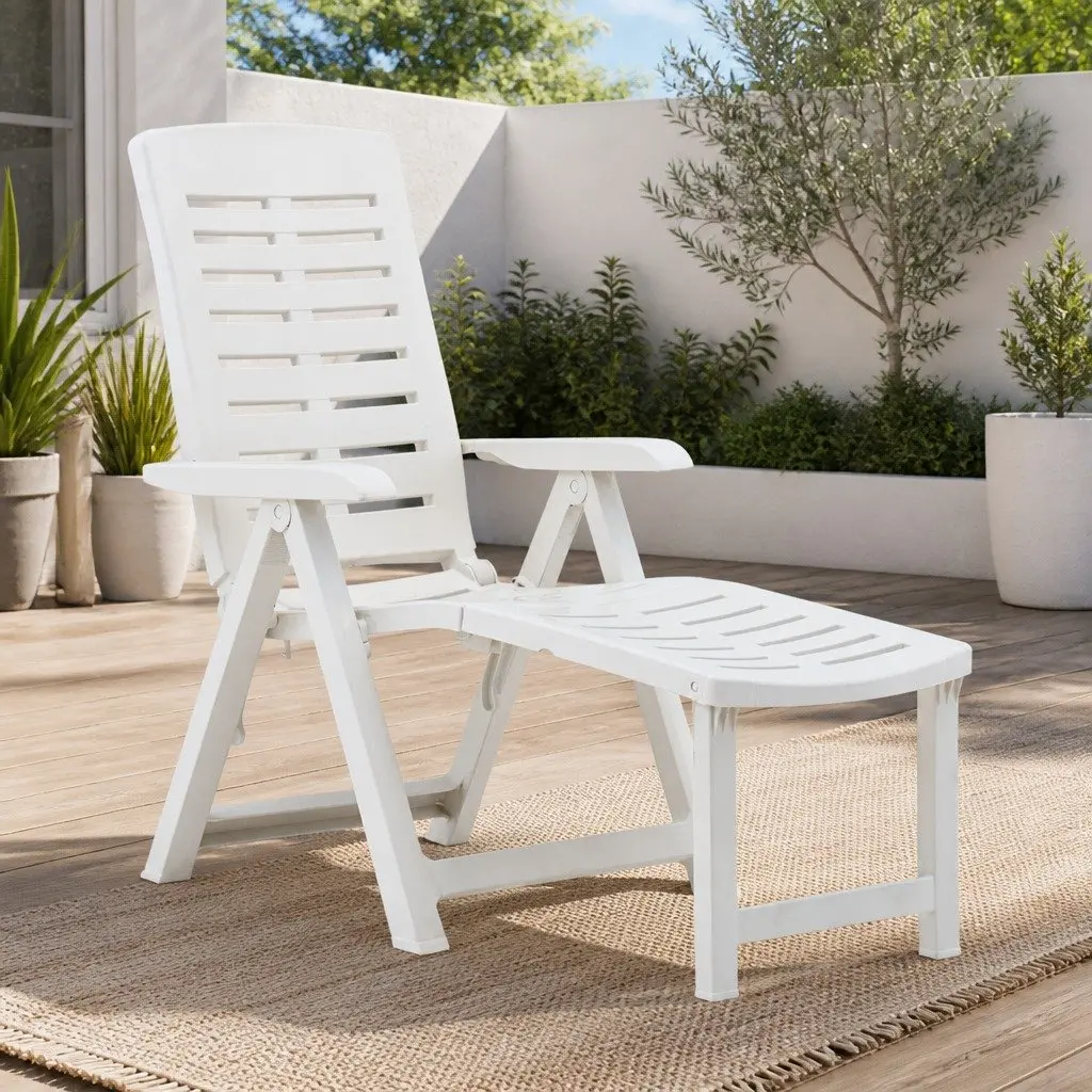 Folding Sun Lounger White Outdoor Garden Patio Reclining Chair Adjustable