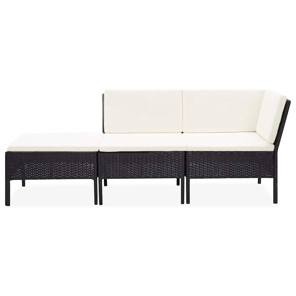 3 Piece Black Outdoor Garden Lounge Set with Cushions PE Rattan Patio Furniture