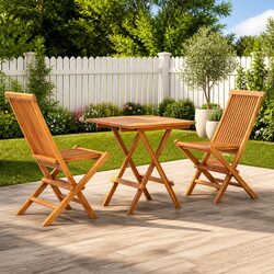 3 Piece Folding Bistro Set Solid Teak Wood Brown Outdoor Garden Patio Furniture
