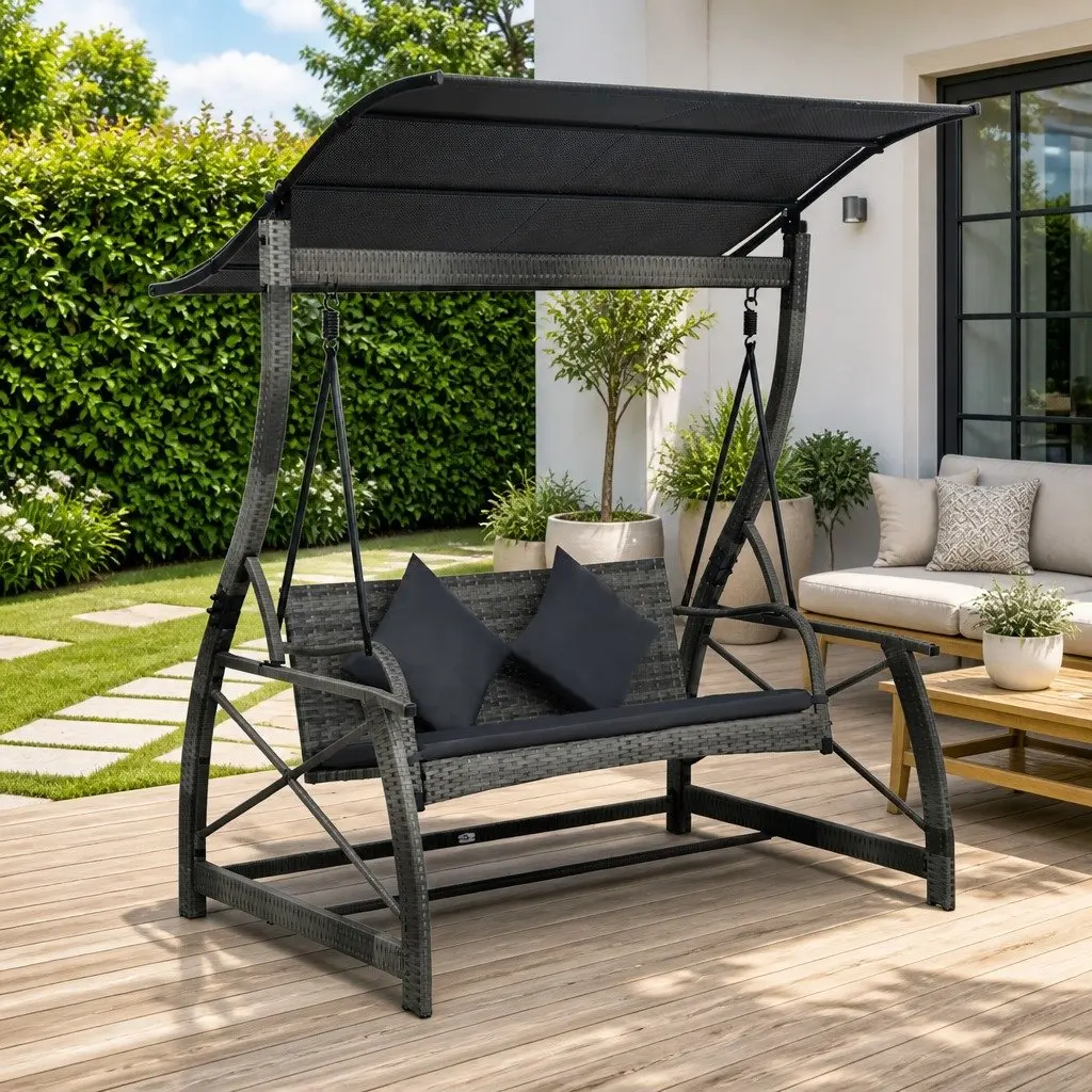 3-Seater Garden Swing Bench Grey Canopy Outdoor Porch Chair Recliner