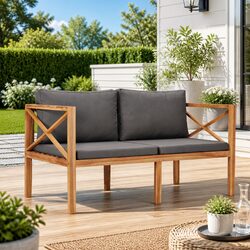 Garden Bench with Grey Cushions Teak Wood Outdoor Seating Patio Furniture