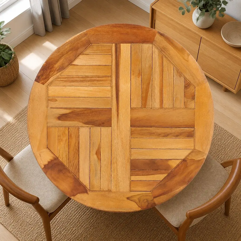Rotating Table Disk Brown Solid Teak Wood Turntable