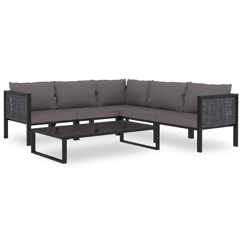 Outdoor Lounge Set Anthracite 6 Piece Modular Weather-Resistant Poly Rattan with Tempered Glass Coffee Table and Padded Cushions