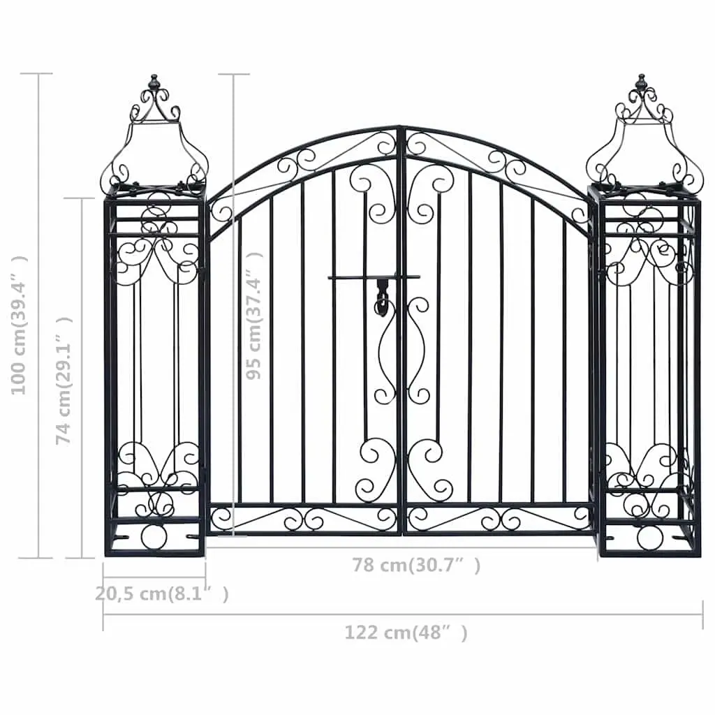 Garden Gate Black Wrought Iron 122 x 20.5 x 100 cm Ornamental Entryway with Bolt Hinge and Mounting Posts