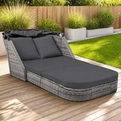 Sun Lounger with Canopy Outdoor Garden Reclining Chair Rattan Anthracite