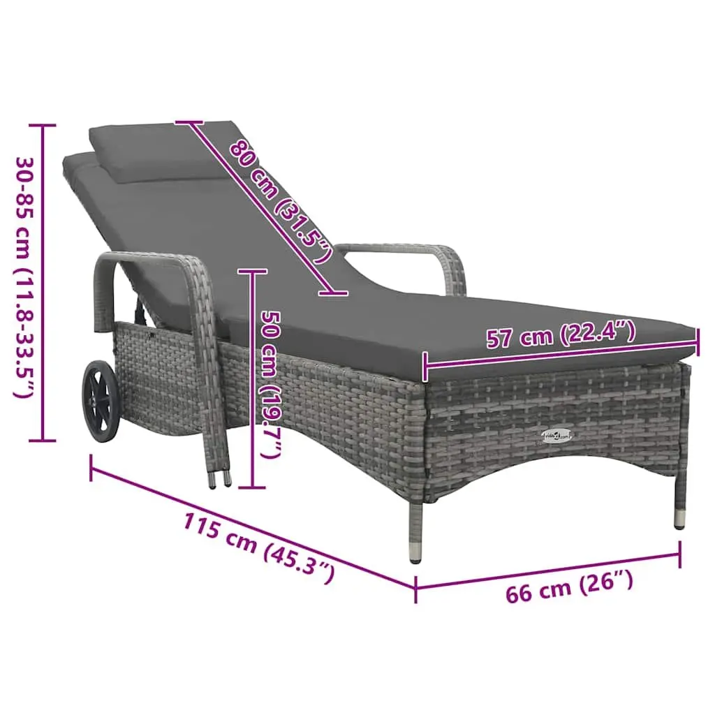 Sun Lounger Anthracite Adjustable Backrest with Wheels Rattan Garden Patio Lounge Chair