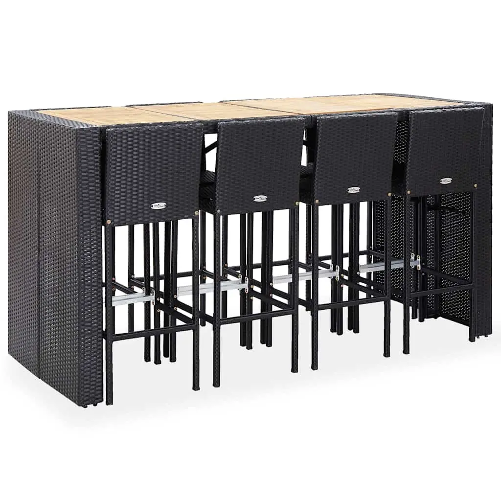 Outdoor Bar Set Black 9 Piece Poly Rattan Acacia Wood Patio Furniture