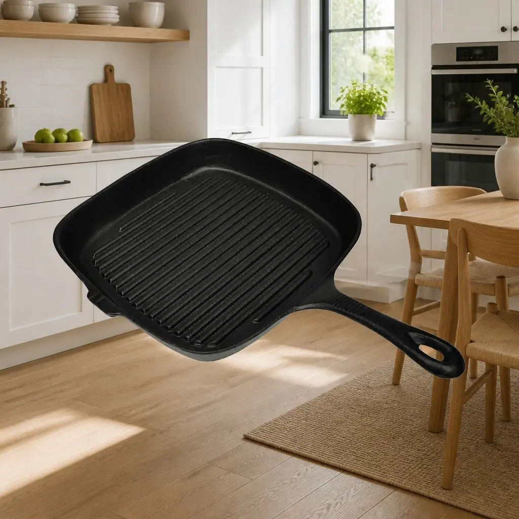 Cast Iron Grill Pan Black 24x23cm Ribbed Non-Stick Cooking Surface