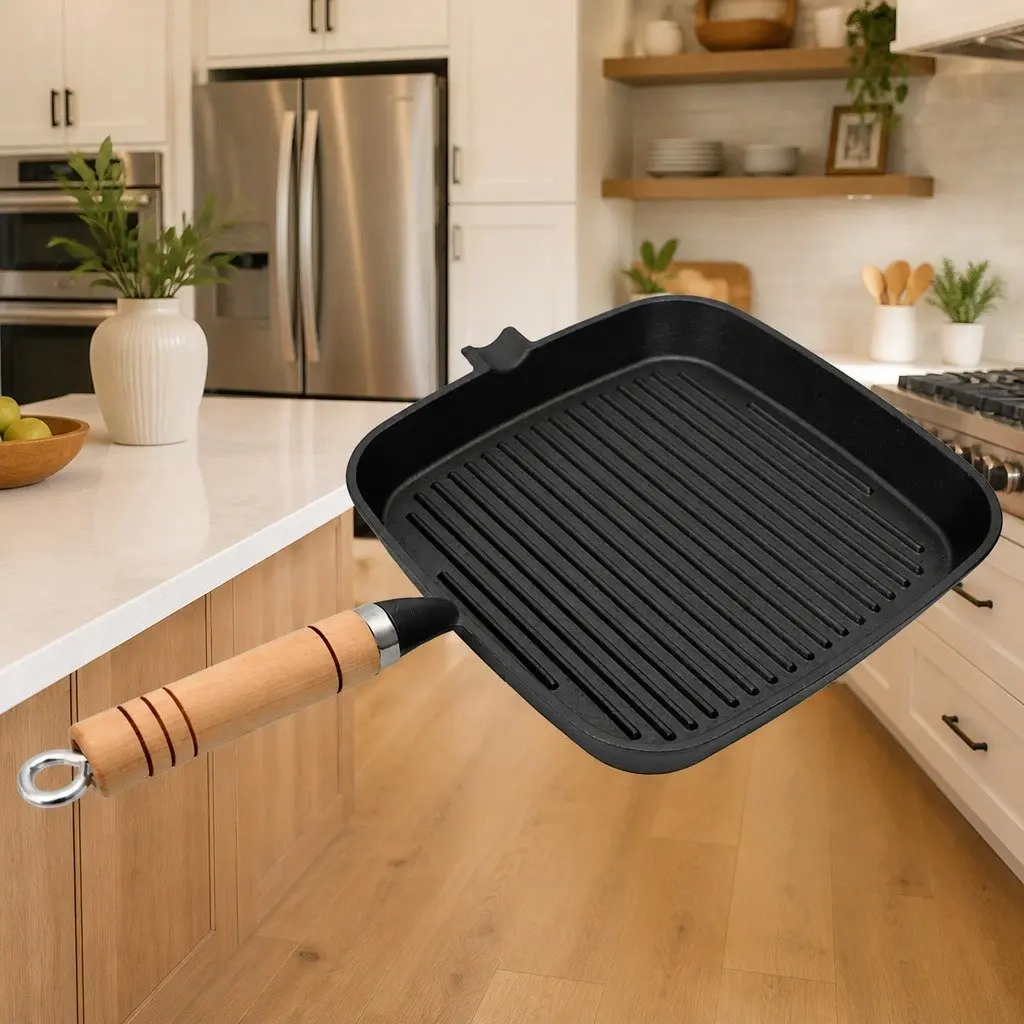 Cast Iron Grill Pan Black 20x20 cm Ribbed Base Wooden Handle