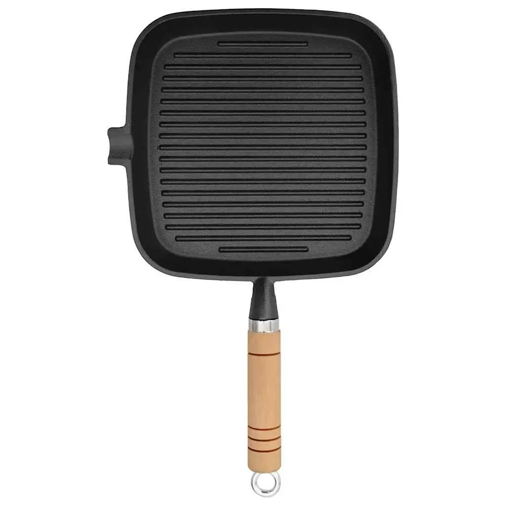 Cast Iron Grill Pan Black 20x20 cm Ribbed Base Wooden Handle