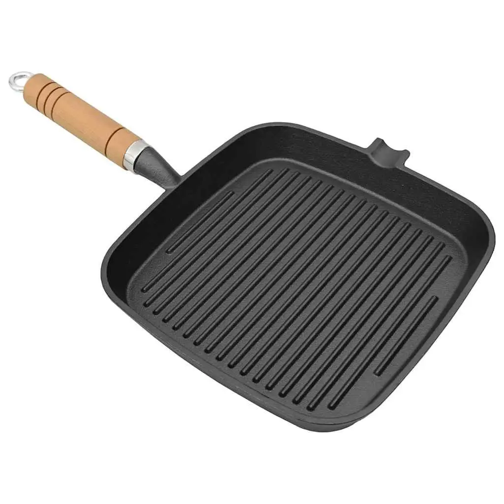 Cast Iron Grill Pan Black 20x20 cm Ribbed Base Wooden Handle