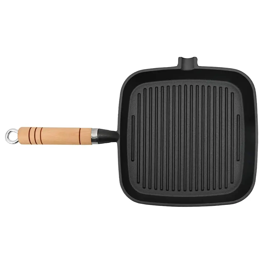 Cast Iron Grill Pan Black 20x20 cm Ribbed Base Wooden Handle