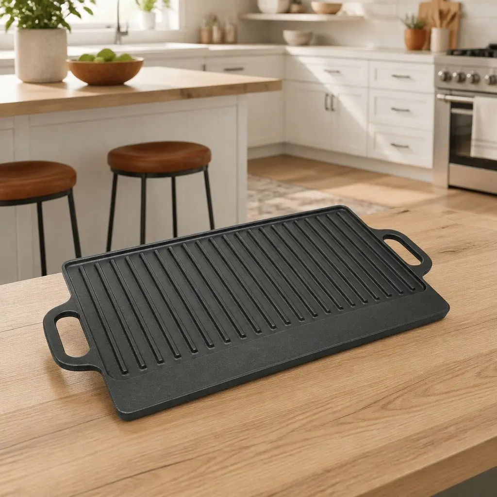 Cast Iron Grill Platter Black 50x23cm Double-Sided Griddle Cooking Surface