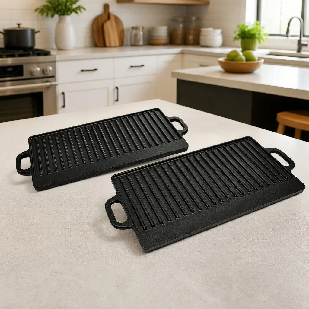 Cast Iron Griddle Plate Set of 2 Black 46 x 23 cm Double Sided Non-Stick Cooking Surface with Handles