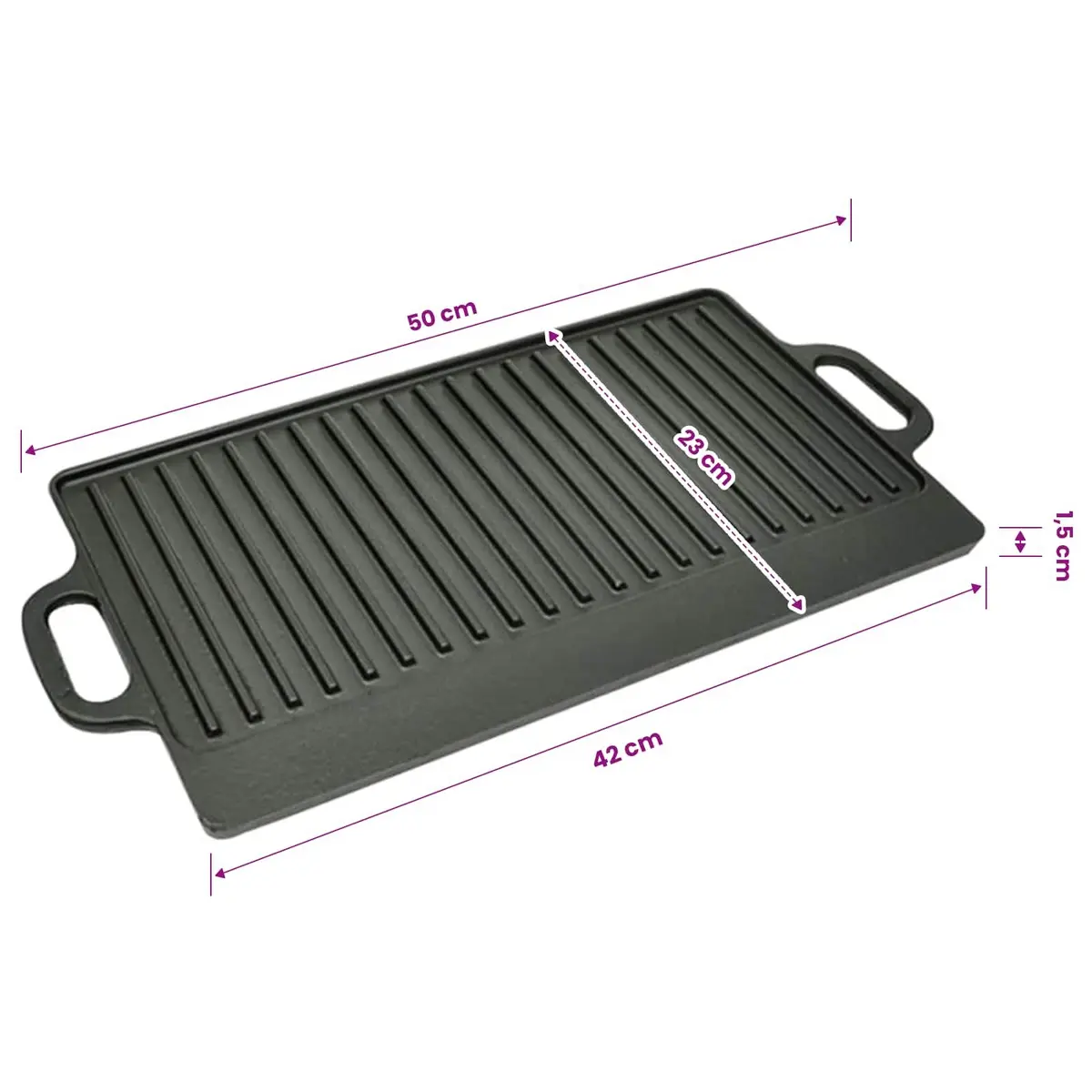 Cast Iron Griddle Plate Set of 2 Black 46 x 23 cm Double Sided Non-Stick Cooking Surface with Handles