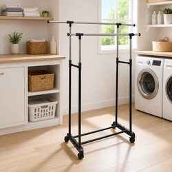 Adjustable Clothes Rack with 4 Castors 2 Hanging Rails Black Garment Storage