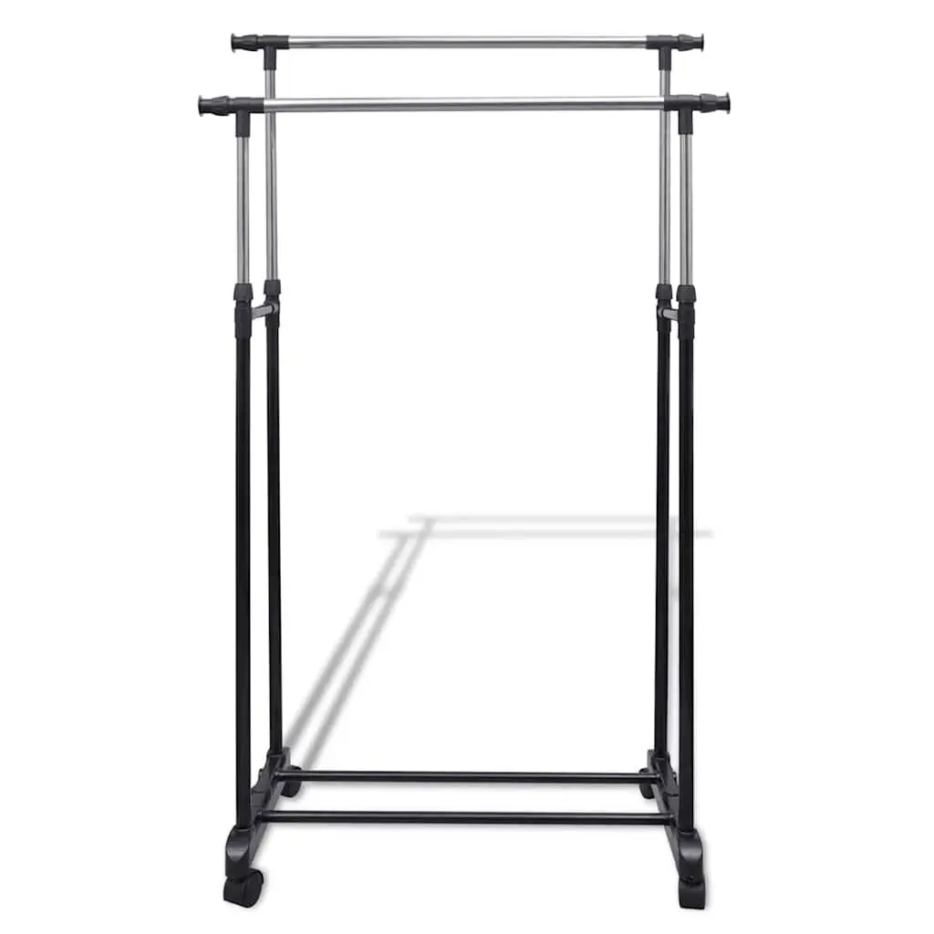 Adjustable Clothes Rack Black Height Adjustable with 2 Hanging Rails and 4 Castors