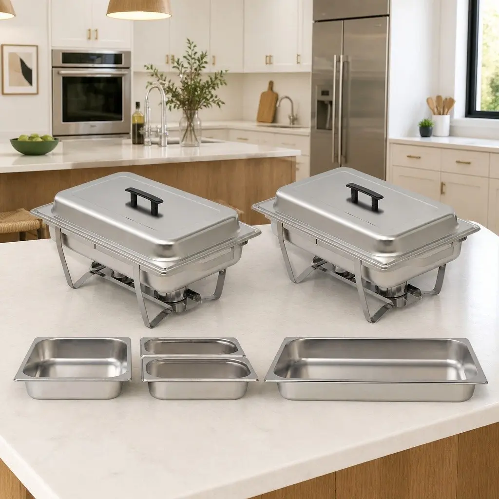 Chafing Dish Set Silver 2 Piece Stainless Steel Food Warmer with Heat Insulating Handles and Integrated Hooks for Catering and Restaurant Use