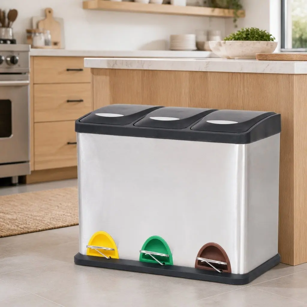 Recycling Pedal Bin Silver 24L Stainless Steel 3 Removable Inner Buckets Waste Sorting