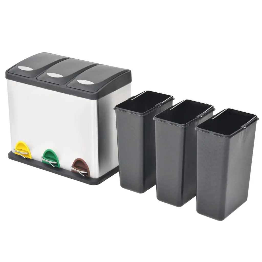 Recycling Pedal Bin Silver 24L Stainless Steel 3 Removable Inner Buckets Waste Sorting