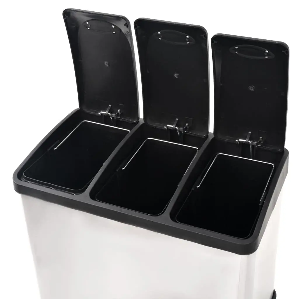Recycling Pedal Bin Silver 24L Stainless Steel 3 Removable Inner Buckets Waste Sorting