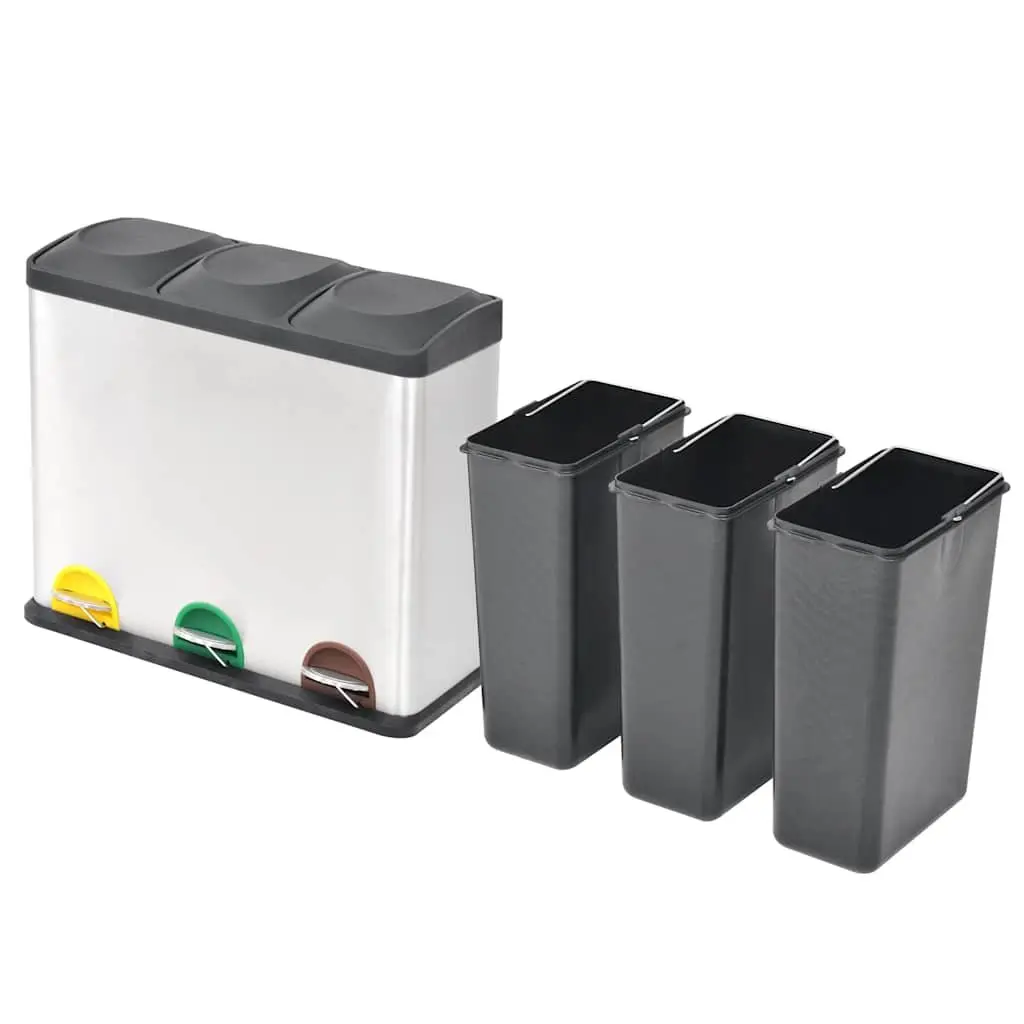 Recycling Pedal Bin Silver 54L Stainless Steel 3 Compartments