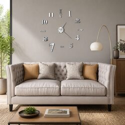 3D Wall Clock Modern Design Extra Large XXL Silver Decor DIY Adjustable Size