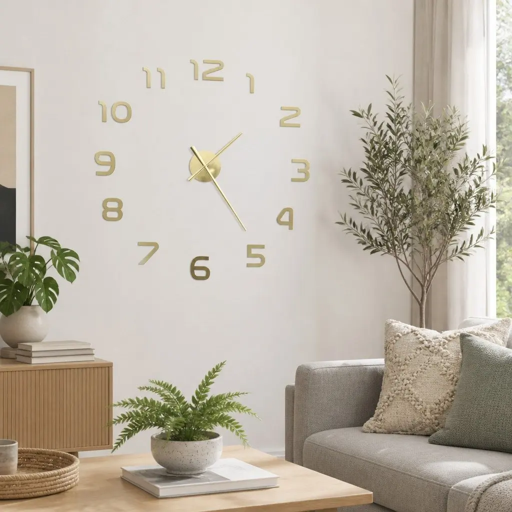 3D Modern Wall Clock XXL Extra Large 100cm Gold Decor DIY Room Display
