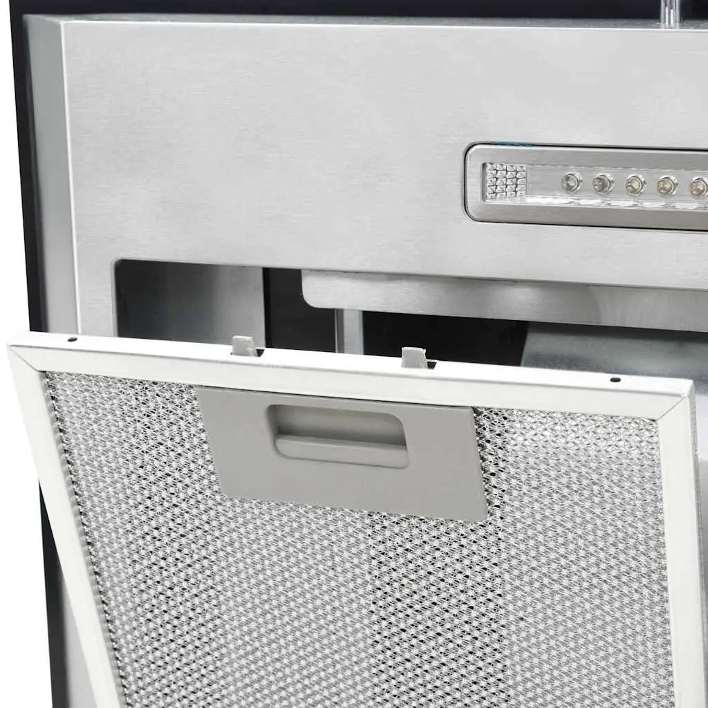 Island Range Hood Silver 90cm Stainless Steel Curved Glass Canopy LED Lights 756 m³/h