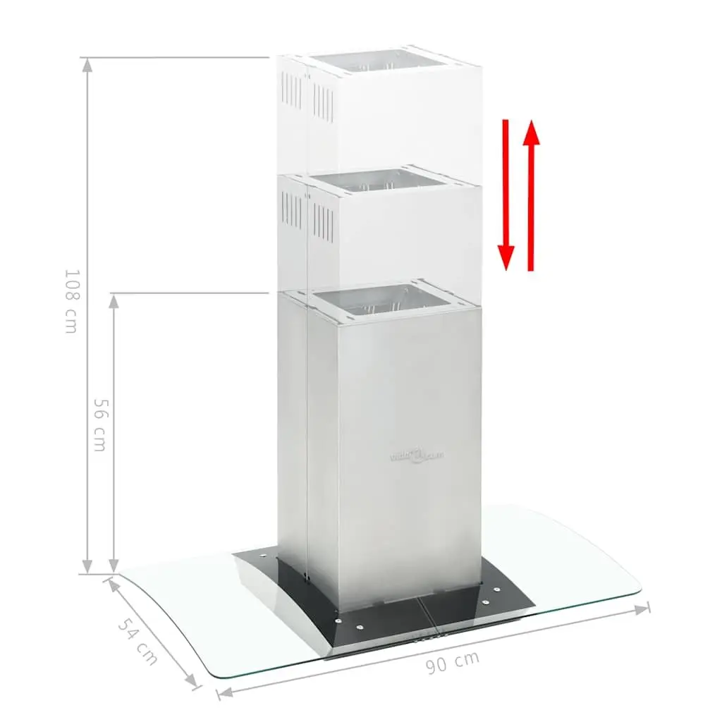 Island Range Hood Silver 90cm Stainless Steel Curved Glass Canopy with LED Lights and 3 Speed Settings