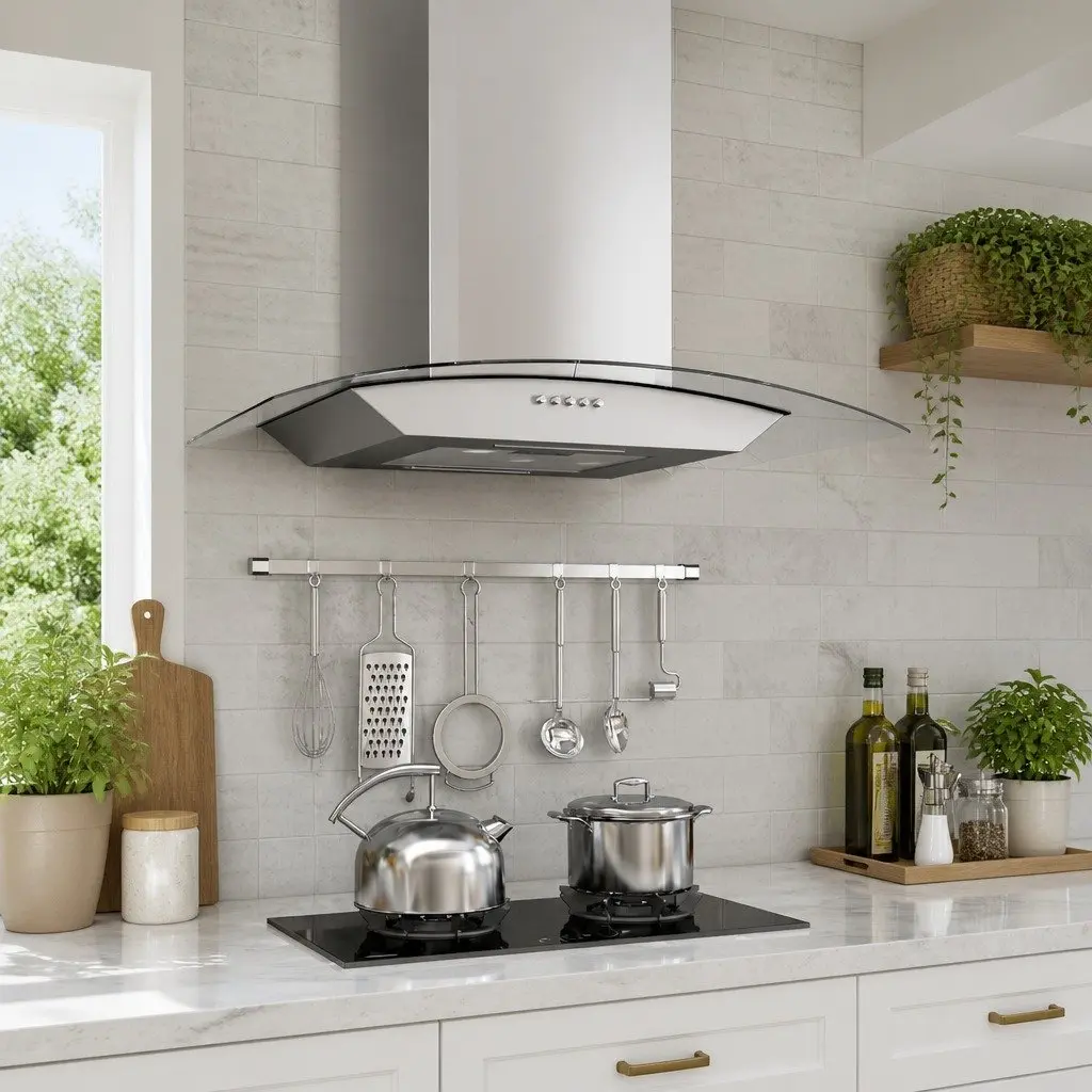 Wall Mounted Range Hood Silver 60cm Curved Glass Stainless Steel LED