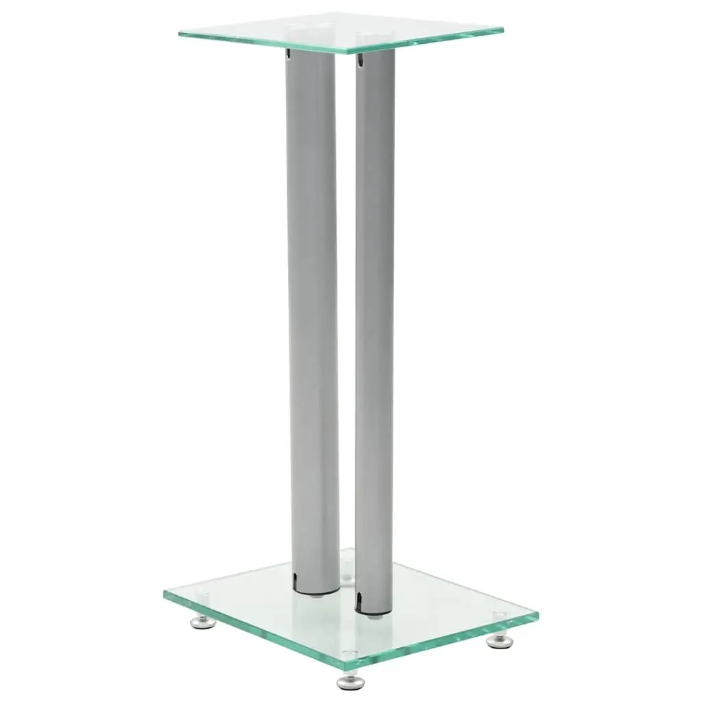 Speaker Stands Pair Tempered Glass Pillars Modern Design Silver Audio Support