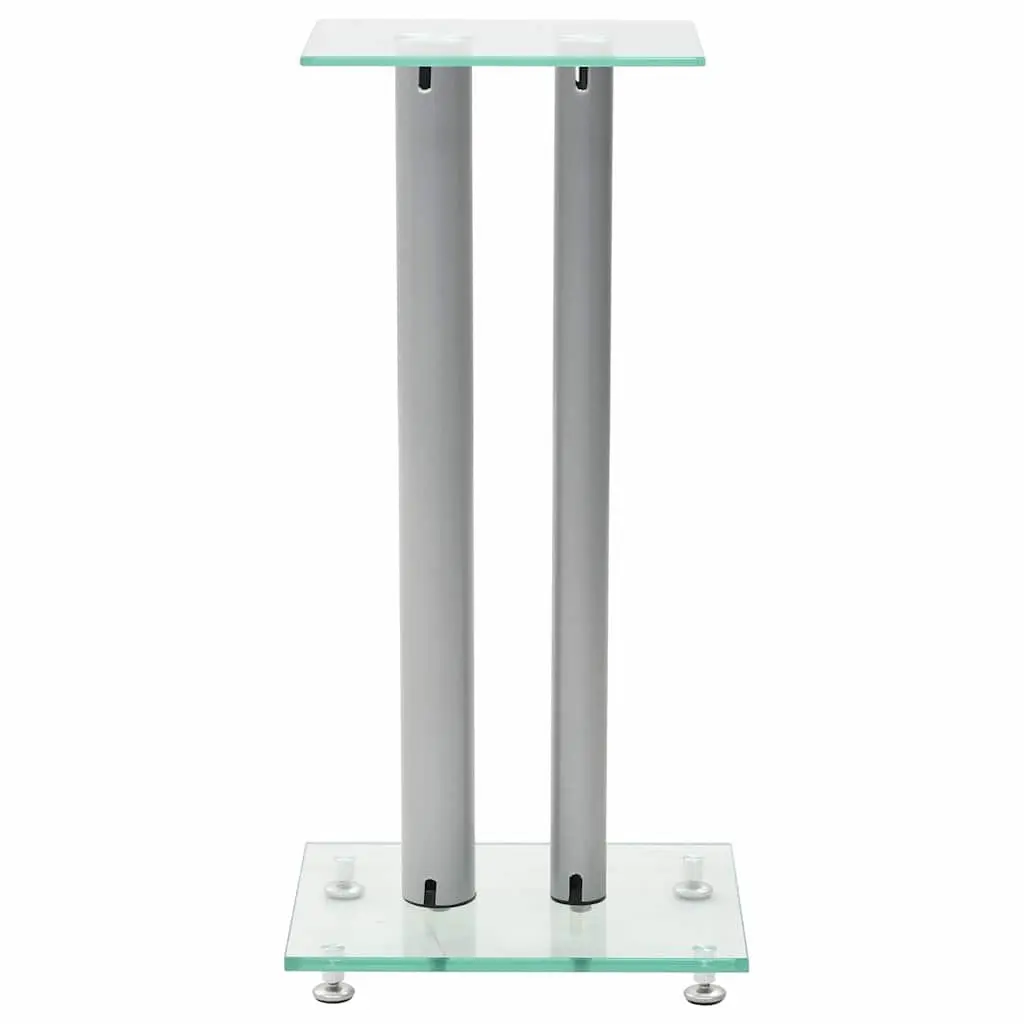 Speaker Stands Pair Tempered Glass Pillars Modern Design Silver Audio Support