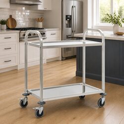 2-Tier Kitchen Trolley Stainless Steel Service Cart with Castors and Brakes