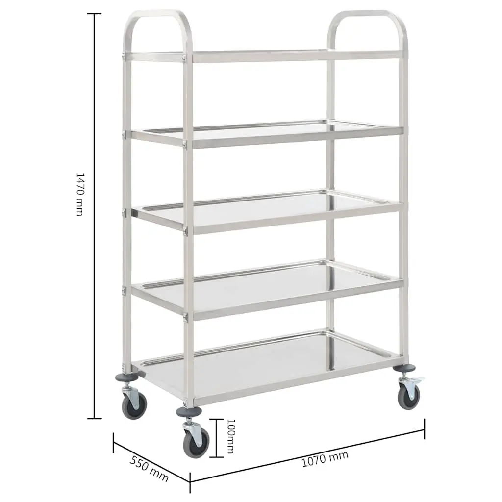 5-Tier Kitchen Trolley Silver Stainless Steel Frame Rolling Serving Cart