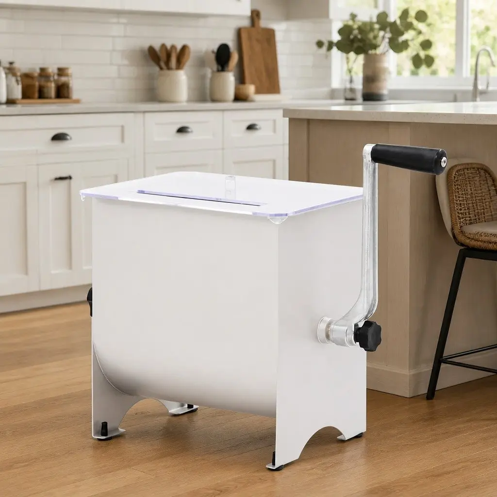Manual Meat Mixer Silver Stainless Steel 5kg Capacity with Crank Handle and Clear Lid