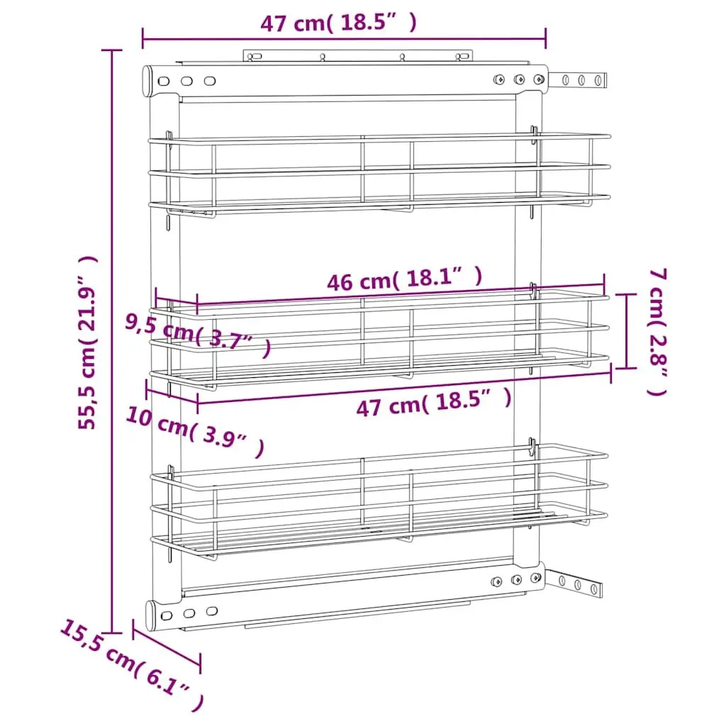 3-Tier Pull-Out Wire Basket Storage Organiser Silver 47 x 15.5 x 55.5 cm Smooth Sliding Runners