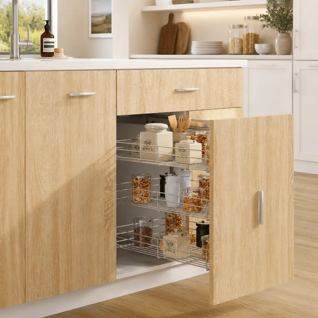 3-Tier Pull-out Kitchen Wire Basket Silver 47 x 35 x 56 cm Smooth Sliding Shelf Storage Organiser