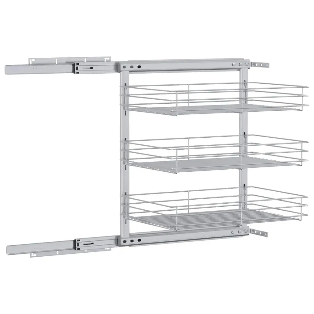 3-Tier Pull-out Kitchen Wire Basket Silver 47 x 35 x 56 cm Smooth Sliding Shelf Storage Organiser