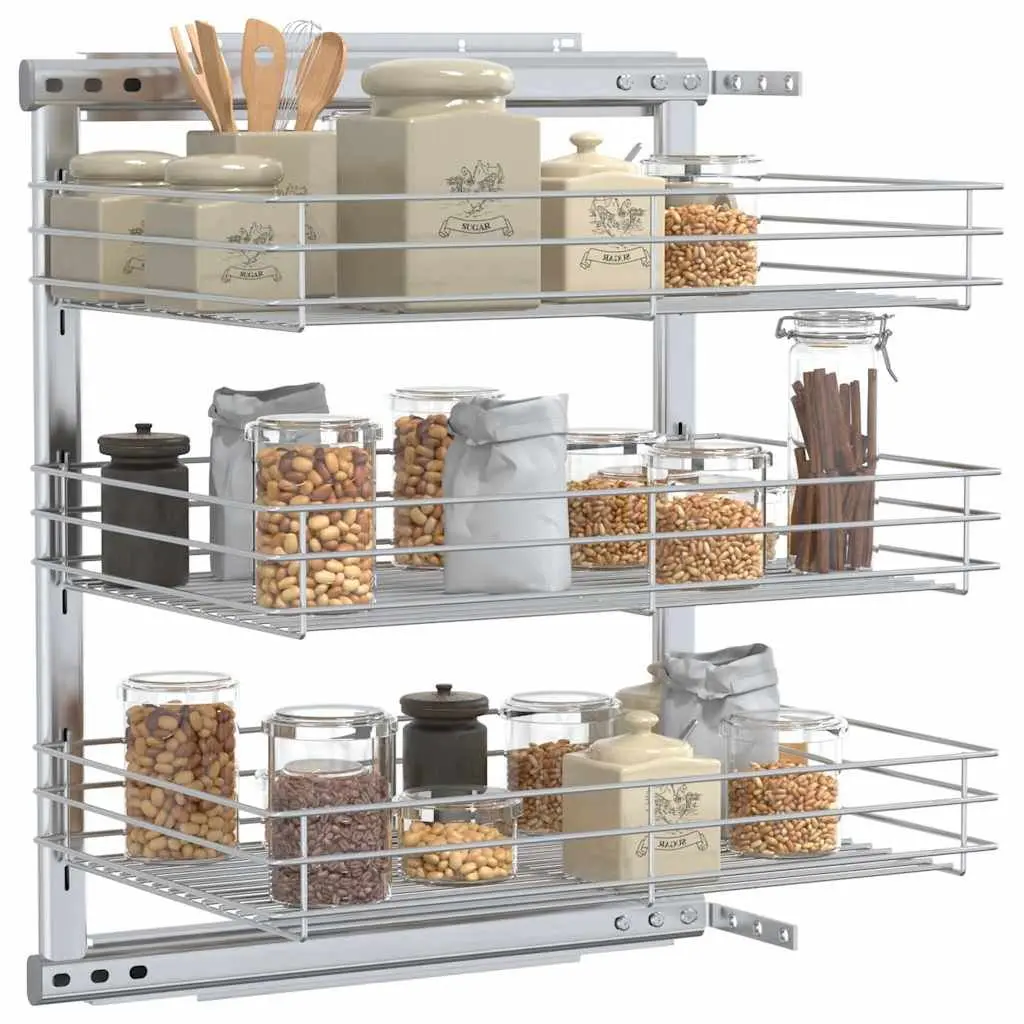 3-Tier Pull-out Kitchen Wire Basket Silver 47 x 35 x 56 cm Smooth Sliding Shelf Storage Organiser